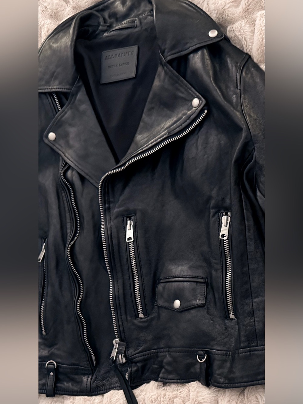 AllSaints Sora Biker Black Lamb Leather Asymmetrical Moto Jacket XL - Picture 2 of 11
